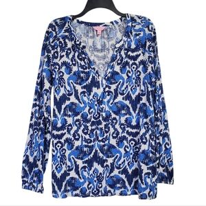 Lilly Pulitzer Blue and White Patterned Blouse Size L